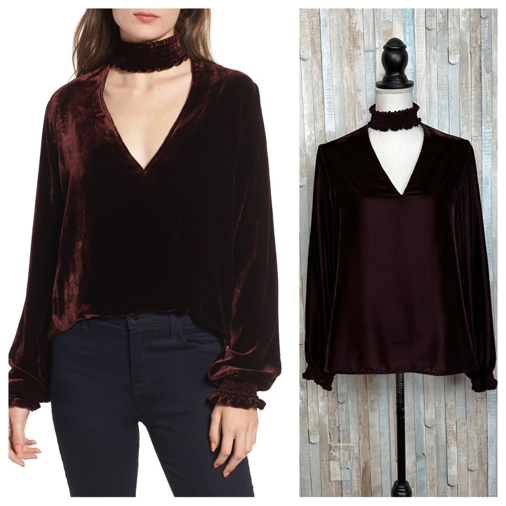 Bailey 44 S Port Wine Velvet Truth Serum Top Blouse Cutout Mock V Neck $168